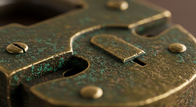 Closeup of a Weathered Brass Padlock Mechanism. photo