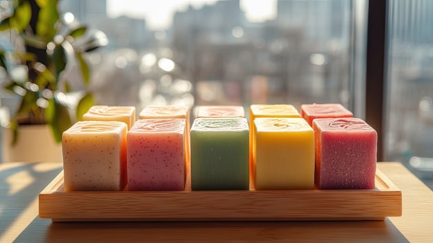 Colorful cube soaps line a wooden tray beside a blurred window landscape outside photo