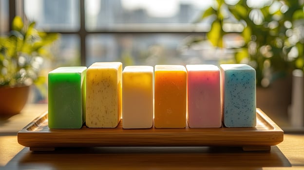Six brightly colored bars of handcrafted soap sit on a light wooden tray now photo