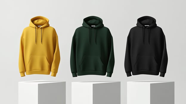 Three hoodies in yellow, green, and black stand on separate white platforms in the studio photo
