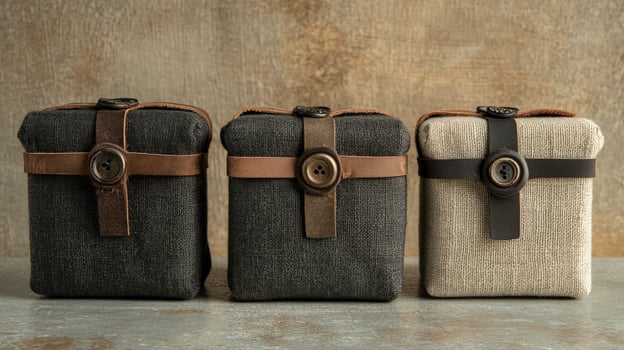 Three fabric covered boxes are lined up, fastened with leather straps and buttons photo