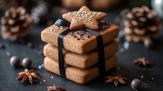 Festive shortbread stack boasts star shaped cookie and black ribbon against a dark backdrop photo