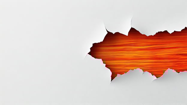 Tattered white sheet exposes warm orange horizontal wood grain in artistic backdrop photo