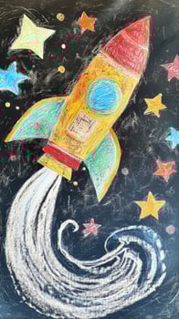 Crayon rocketship drawing soars through space amidst colorful stars against a black background photo