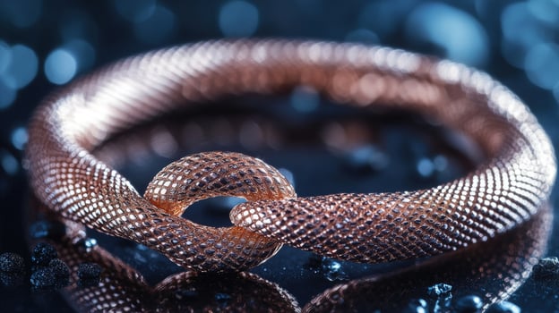 Intertwined chainmail tubing reflects blue bokeh lights and scattered beads in a dark atmosphere photo