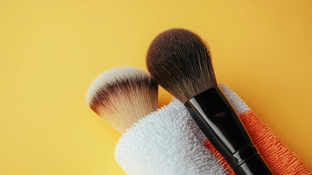 Two soft makeup brushes rest on a striped towel against a yellow backdrop photo
