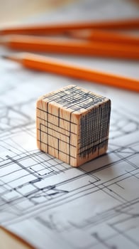 A marked wooden cube rests upon architectural blueprints with blurred pencils visible in background photo