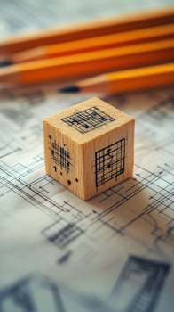 The light wooden block marked with grids rests on detailed architectural blueprints photo