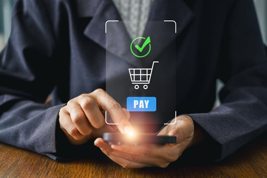 Close-up of a person using a smartphone for e-payment, illustrating modern digital transactions and online shopping. photo