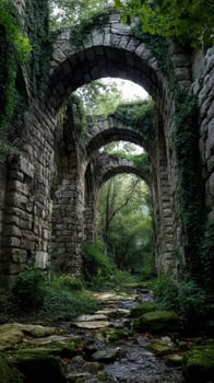 Ancient stone aqueduct archway overgrown lush green moss forest tranquil nature landscape photo