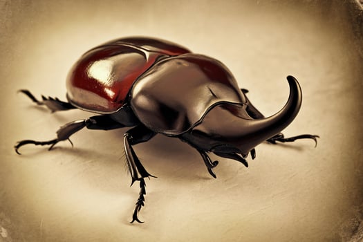 Close-up of a striking black and red rhinoceros beetle showcasing intricate details and vibrant colors. photo