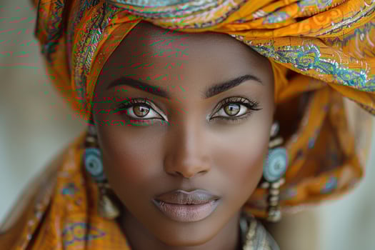 Portrait of a beautiful Black woman wearing an orange headwrap and earrings, with captivating eyes. photo