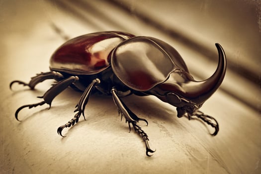 Close-up of a majestic black rhinoceros beetle, showcasing its unique features and glossy texture. photo