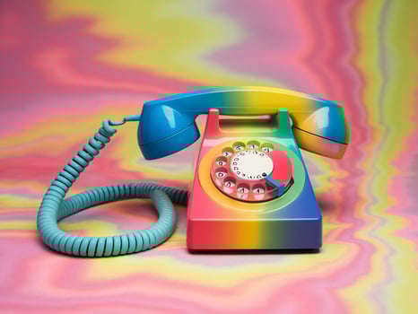 A vibrant, retro rotary phone in bright colors against a psychedelic background. photo