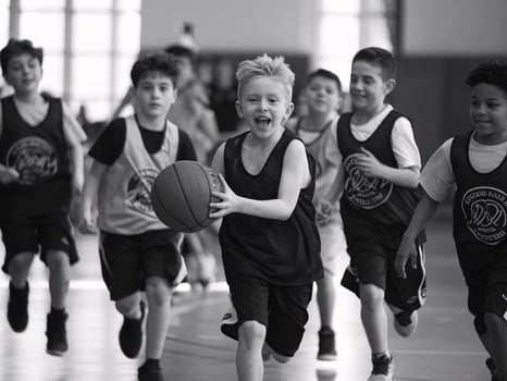 Young boys joyfully running and playing basketball in a gym during a lively youth sports practice. photo