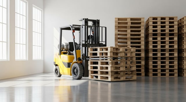 Yellow Forklift Handling Wooden Pallets in Modern Warehouse photo