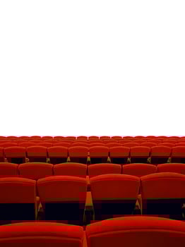 Red chairs neatly arranged in an empty movie theater, isolated on a white background. photo