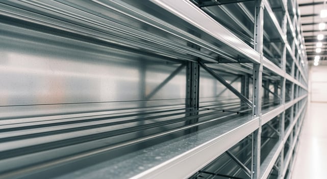 Angled view of empty galvanized steel shelves in a large, modern warehouse facility. photo