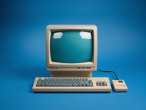 Vintage computer setup featuring a beige monitor, keyboard, and mouse on a blue background. photo