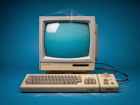 An old computer setup with a dusty monitor and keyboard, evoking nostalgia for vintage technology. photo