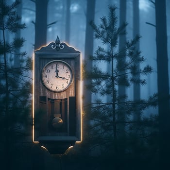 Antique Clock in Dark Forest, Mysterious Timepiece photo