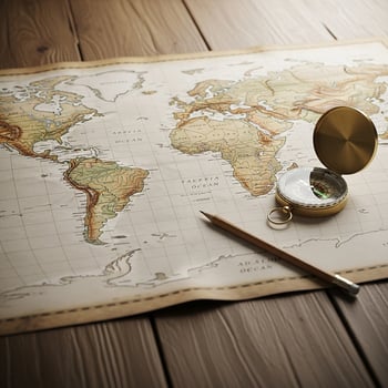 Antique world map with a golden compass and pencil on a rustic wooden desk photo