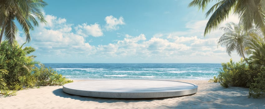 The serene beach platform overlooking a stunning ocean view with palm trees. photo