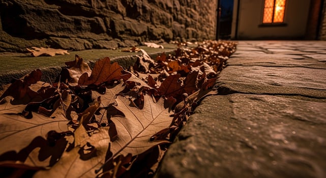 Autumn Leaves on Stone Pathway at Night photo