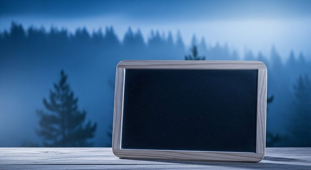 A blank photo frame on a wooden table in front of a forest
