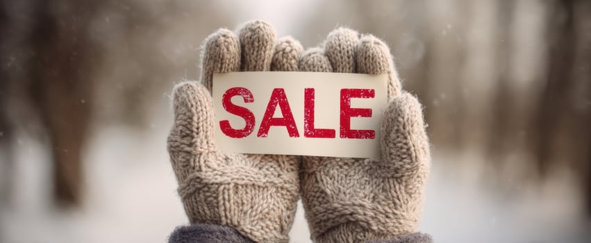 The cozy hands holding a sale sign in a winter landscape photo