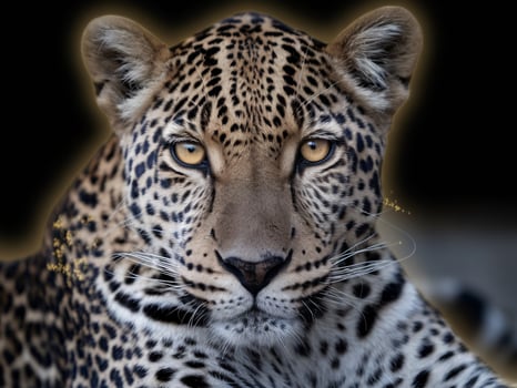 Close-up of a majestic leopard with striking golden eyes and intricate spots, demonstrating its fierce beauty. photo