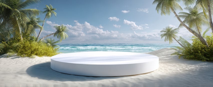 The serene beach setting with a round stage under a vibrant sky photo