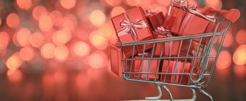 The shopping cart filled with red gifts for festive celebrations. photo
