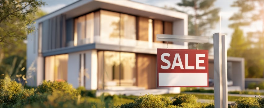 The modern house for sale with a prominent sale sign in the front yard photo