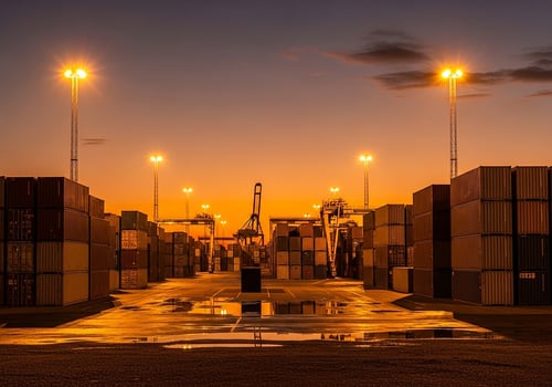 Container Yard at Dusk with Cranes and Reflections in Puddles photo