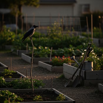 Crow Perched in Community Garden at Sunset photo