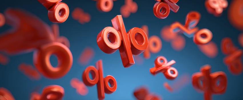 The vibrant red percentage symbols floating in a blue background environment. photo