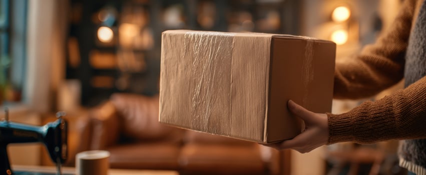 The cozy moment of holding a delivery package in a stylish home environment. photo