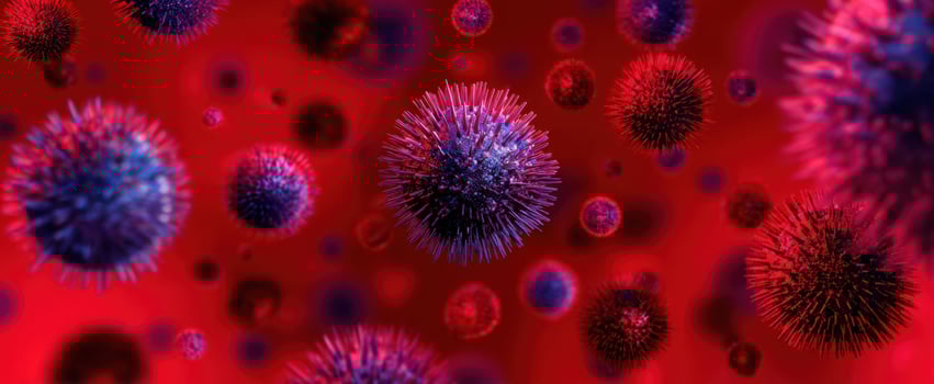 The vibrant illustration of microscopic viruses in a dynamic red environment. photo