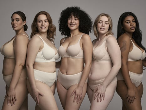 Five diverse women showcasing body positivity in neutral underwear against a soft gray background. photo