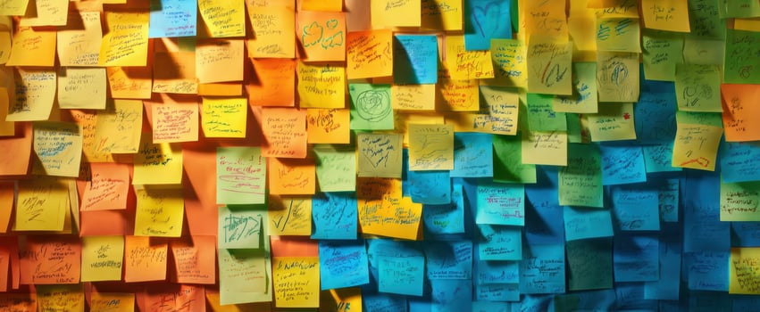 The vibrant array of sticky notes in an organized workspace backdrop. photo