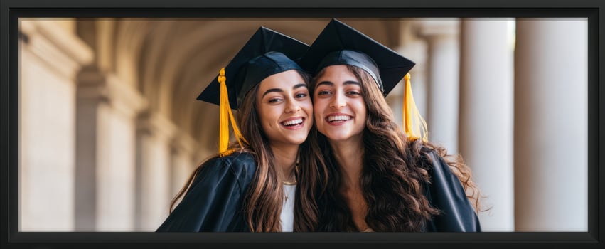 The joyful graduates embracing their success in elegant caps and gowns. photo