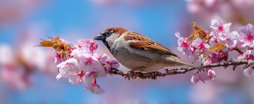 The sparrow perched gracefully on cherry blossoms under a clear blue sky. photo