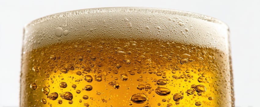 The refreshing glass of golden beer with bubbles and frothy top photo