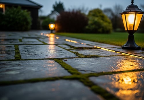 Illuminated Pathway with Lanterns and Wet Stone in Evening. photo