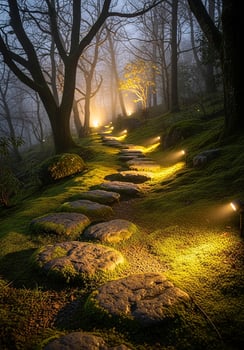 Illuminated Stone Path in Mossy Forest at Night photo