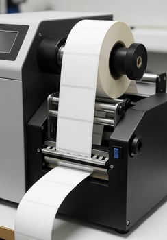 Industrial Label Printer Producing Blank White Rectangular Stickers photo
