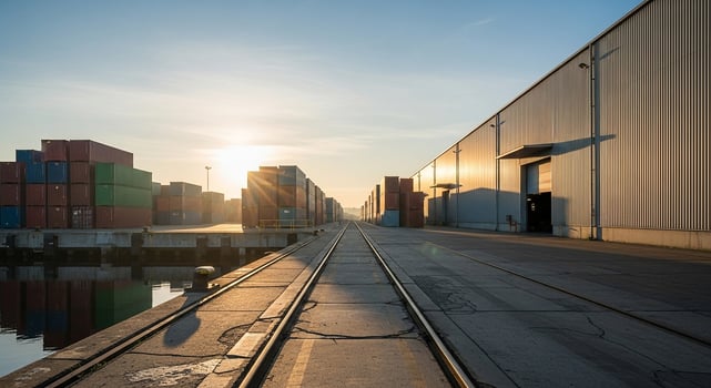 Industrial port with shipping containers, warehouse, and railway tracks at sunrise. photo