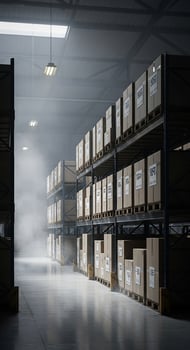 A warehouse with boxes and shelves in the middle photo