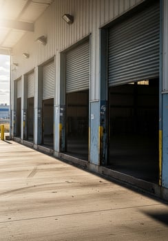 Industrial warehouse loading dock with a row of partially open metal roller doors photo